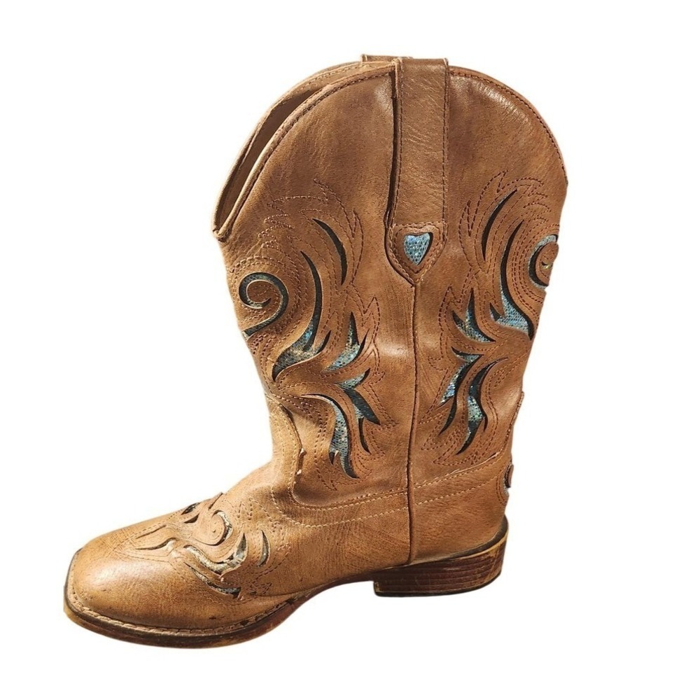 Roper Boots Girls Size 3 Brown Western Cowboy Square Toe Blue Glitter Inlay